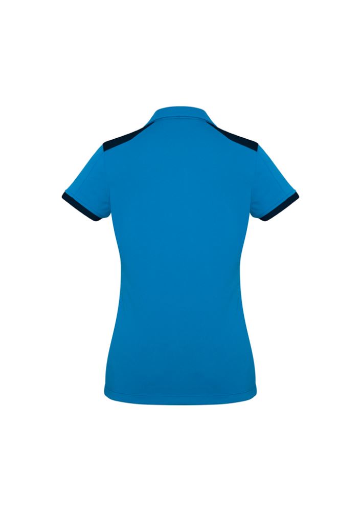 Ladies Rival Polo in Cyan/Navy, size 22, featuring moisture-wicking fabric, bold design, and tailored Y-line placket.