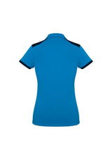 Ladies Rival Polo in Cyan and Navy, size 6; features UPF protection, contrast panel design, and flattering Y-line placket.