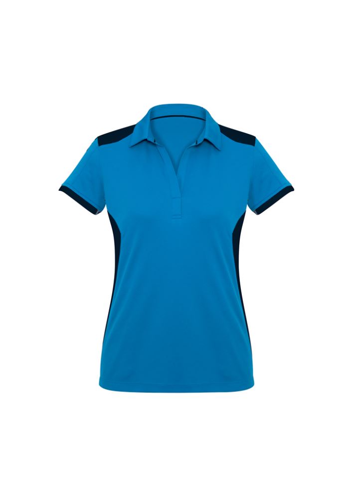 Ladies Rival Polo in Cyan/Navy, size 8, featuring stylish contrast panels and UPF protection for comfort and elegance.