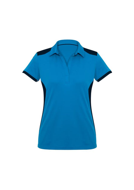 Ladies Rival Polo in Cyan and Navy, size 20, featuring a stylish design, Y-line placket, and excellent UV protection.