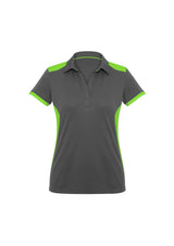 Ladies Rival Polo in grey and fluoro lime, size 14, features breathable fabric, sun protection, and stylish design elements.