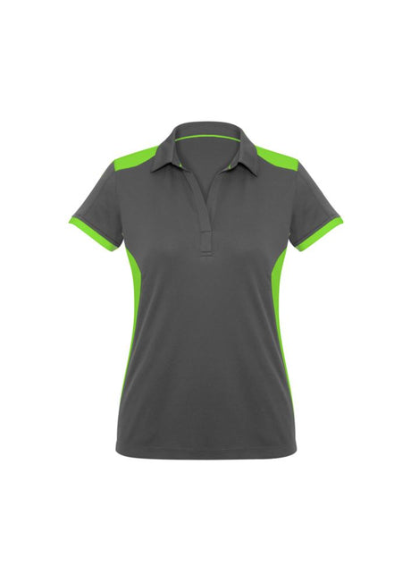Ladies Rival Polo in grey and fluoro lime, size 14, features breathable fabric, sun protection, and stylish design elements.