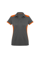 Ladies Rival Polo in grey and orange, size 16, featuring a stylish design, lightweight fabric, and excellent sun protection.