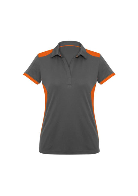Ladies Rival Polo in Grey/Orange, Size 20; features stylish contrast design, lightweight fabric, and excellent sun protection.