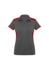 Grey and red Ladies Rival Polo, size 10, featuring BIZ COOL fabric, UPF protection, and stylish Y-line placket.