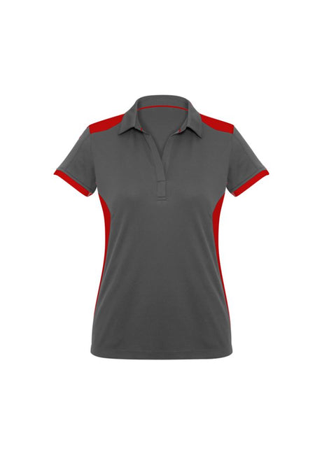 Ladies Rival Polo in grey and red, Size 14, featuring breathable fabric, stylish design, and UPF sun protection.
