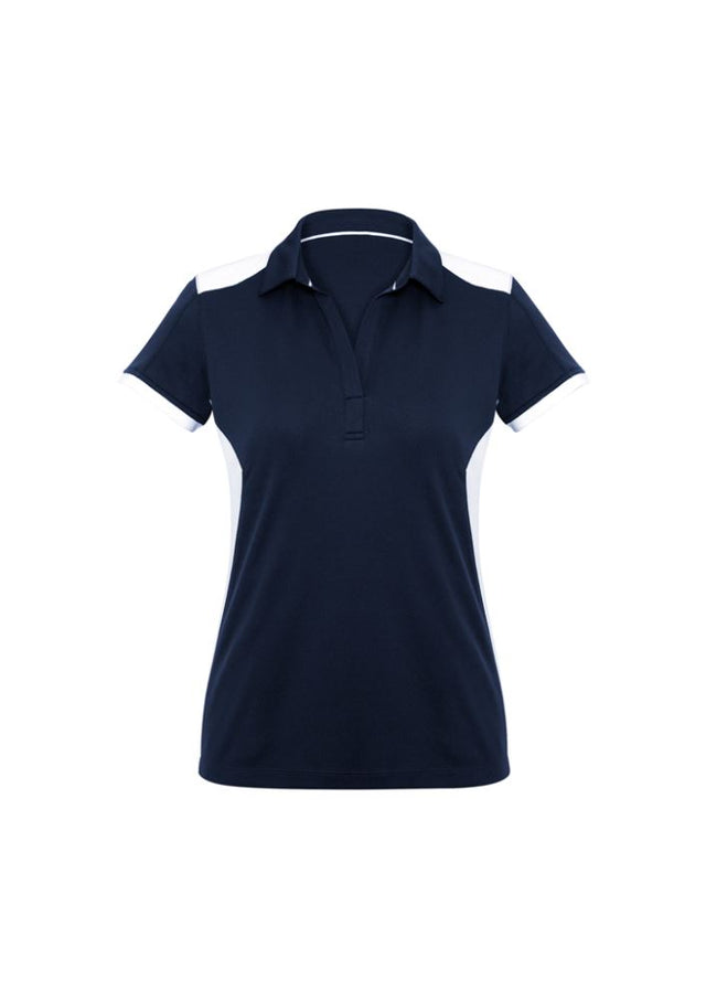 Ladies Rival Polo in Navy/White, size 14, featuring a stylish Y-line placket and contrast panels for comfort and elegance.