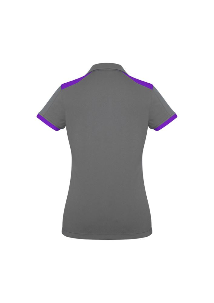 Ladies Rival Polo in silver and purple, size 12, featuring stylish Y-line placket and excellent sun protection.