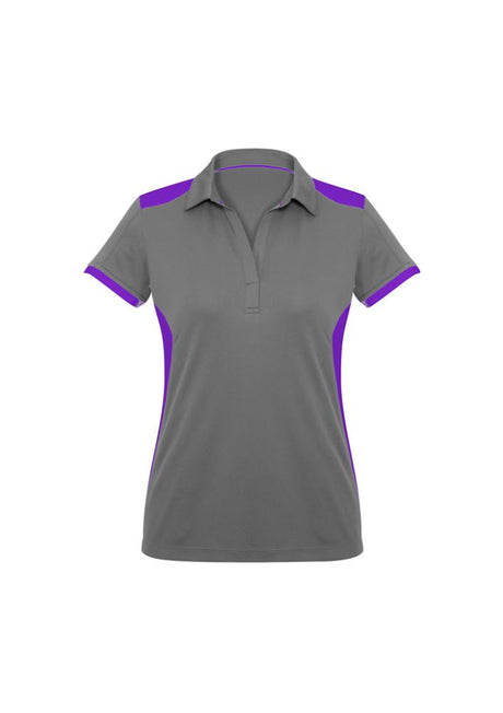 Ladies Rival Polo in Silver/Purple, Size 22, featuring lightweight fabric, sun protection, and a stylish design.