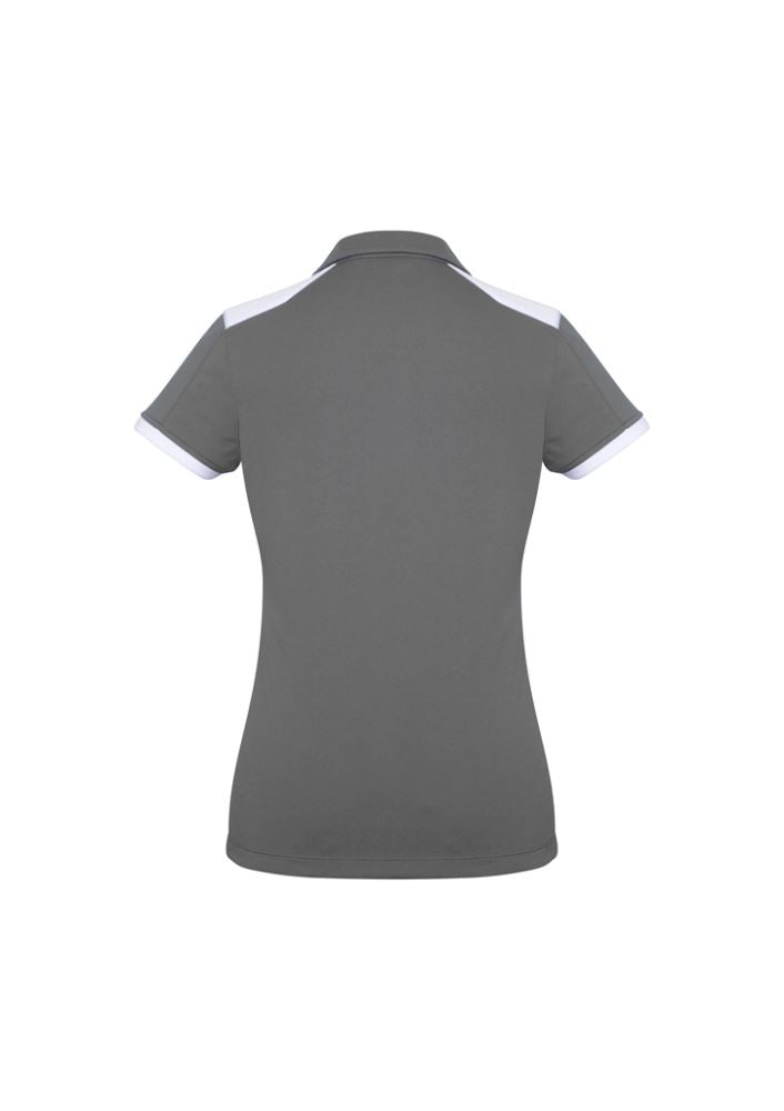 Ladies Rival Polo in Silver/White, size 8, featuring lightweight fabric, contrast panels, self-collar, and excellent sun protection.