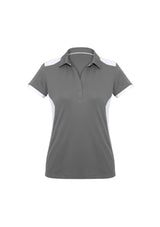 Ladies Rival Polo in silver and white, size 12, featuring contrast panels and breathable fabric, perfect for casual or business occasions.