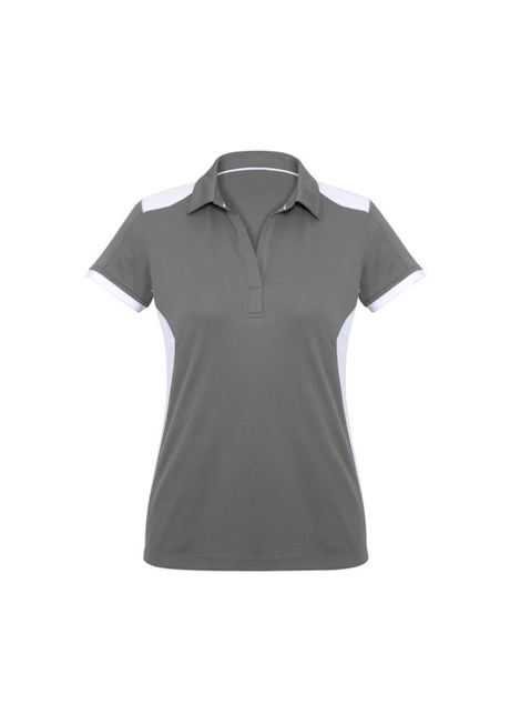 Ladies Rival Polo in silver and white, size 12, featuring contrast panels and breathable fabric, perfect for casual or business occasions.