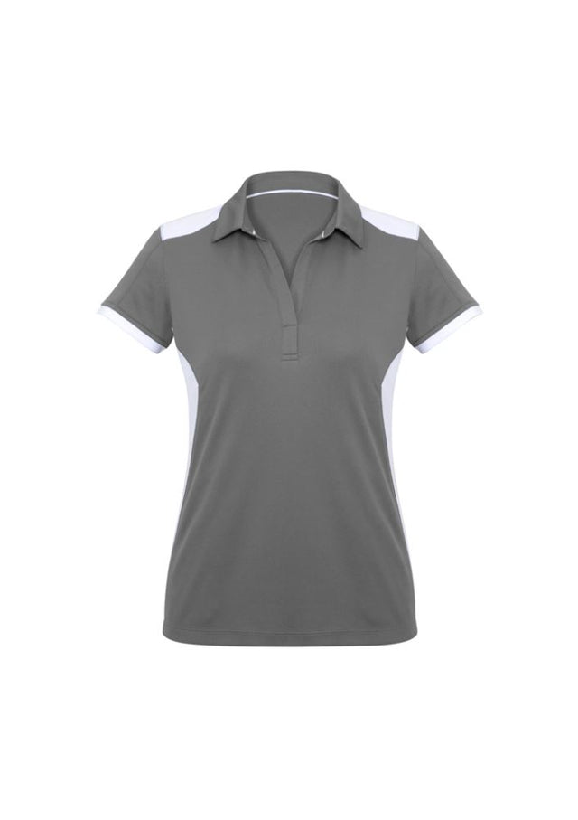Ladies Rival Polo in silver and white, size 12, featuring contrast panels and breathable fabric, perfect for casual or business occasions.