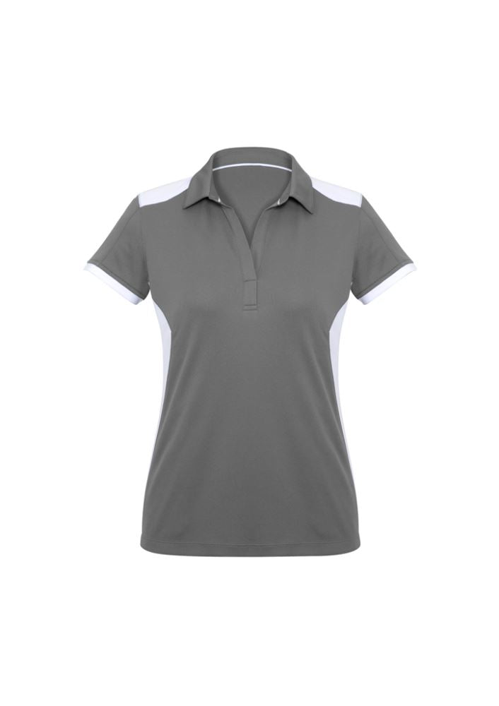 Ladies Rival Polo in Silver and White, size 14, featuring moisture-wicking fabric, contrast design, and UPF protection.