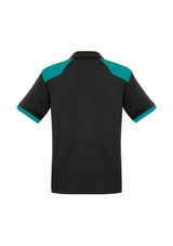 Men's Rival Polo in Black/Teal, featuring bold contrast panels, self-collar, and a functional pocket, perfect for any occasion.