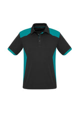 Men's Rival Polo in black and teal with UPF protection, featuring a bold design and loose pocket, ideal for casual wear.
