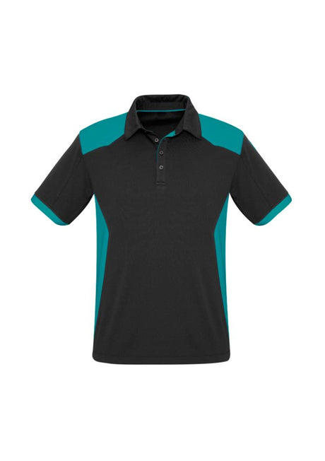 Men's Rival Polo in black and teal with UPF protection, featuring a bold design and loose pocket, ideal for casual wear.