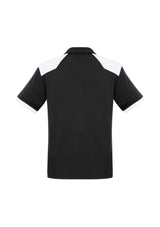 Mens Rival Polo in Black/White, size M, featuring contrast panels, a self-fabric collar, and a functional pocket.