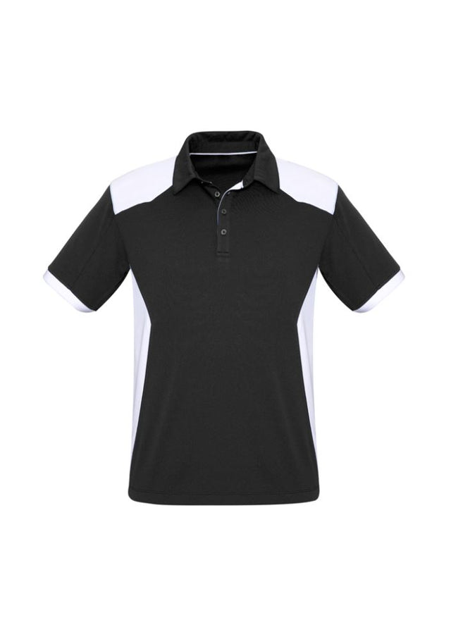 Mens Rival Polo in Black/White, size M, featuring a bold contrast design, self-collar, and practical pocket for stylish comfort.