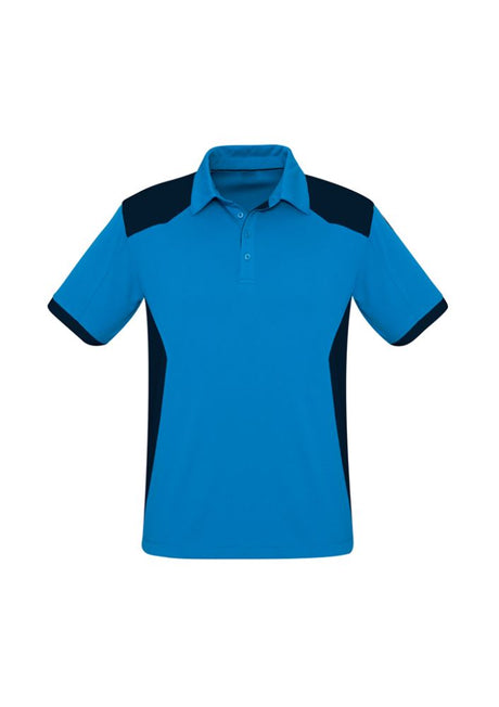 Men's Rival Polo in Cyan/Navy, size XL, featuring contrast panels, self-collar, and a functional pocket for style and comfort.