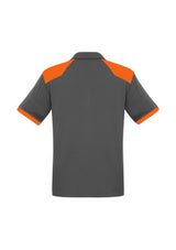 Men's grey and orange polo shirt in size 2XL with UPF protection, contrast panels, and self-fabric collar for casual or professional wear.