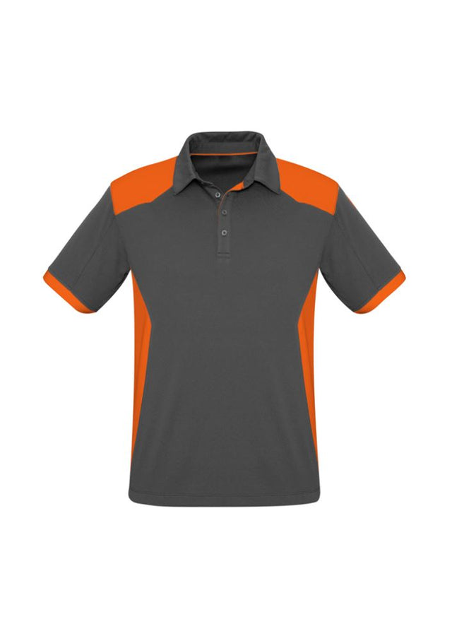 Men's Rival Polo in Grey/Orange, Size M, featuring contrast panel design, UPF protection, and lightweight breathable fabric.