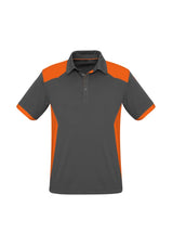 Mens Rival Polo in grey and orange, size L, featuring breathable fabric, UPF protection, and a stylish contrast panel design.