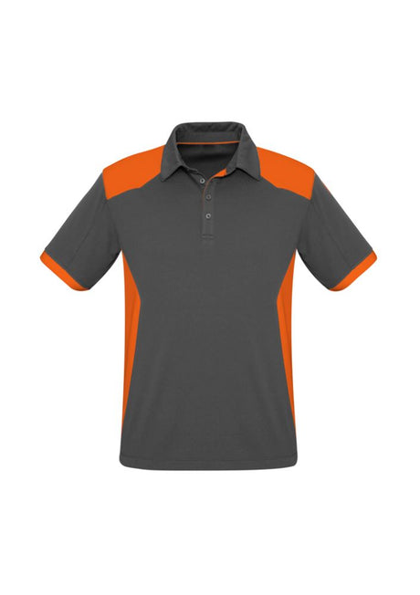 Mens Rival Polo in grey and orange, size L, featuring breathable fabric, UPF protection, and a stylish contrast panel design.