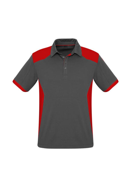 Men's Rival Polo in Grey/Red, size XL, featuring contrast panels, breathable fabric, self-collar, and pocket. Stylish and comfortable.