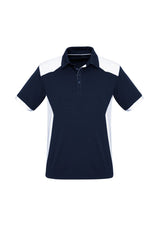 Men's XL navy and white Rival Polo by Biz Collection featuring contrast panels and UPF protection for outdoor wear.