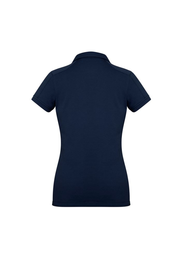 Ladies navy polo shirt in size 24, featuring BIZ COOL™ fabric, breathable design, UPF sun protection, and stylish Y-line placket.
