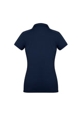Ladies navy polo shirt in size 24, featuring BIZ COOL™ fabric, breathable design, UPF sun protection, and stylish Y-line placket.