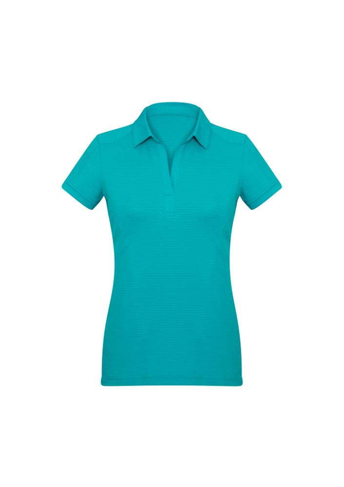 Teal ladies polo shirt in size 14, featuring breathable fabric, Y-line placket, and stylish stitching details for comfort.