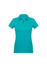 Teal ladies polo shirt in size 14, featuring breathable fabric, Y-line placket, and stylish stitching details for comfort.