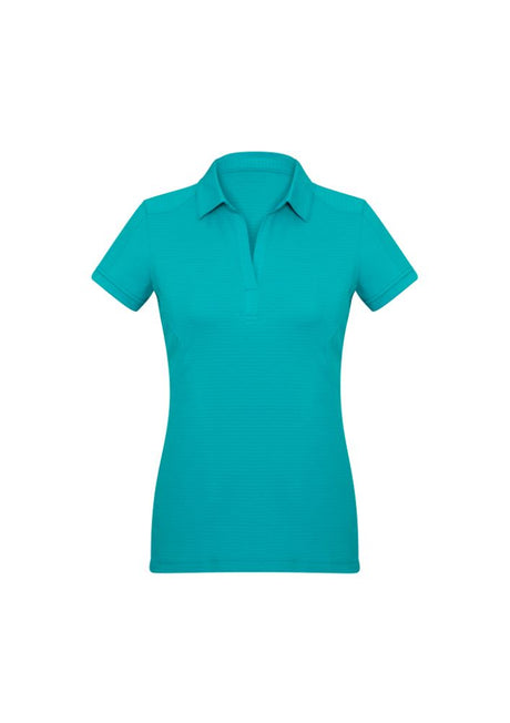 Teal ladies polo shirt in size 14, featuring breathable fabric, Y-line placket, and stylish stitching details for comfort.
