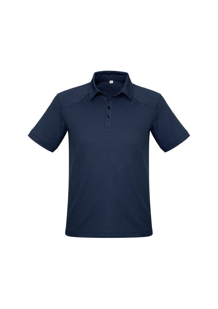 Men's navy polo shirt in 5XL, crafted from durable BIZ COOL™ fabric with breathability, sun protection, and functional pocket.