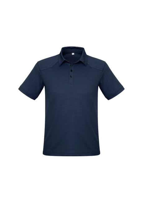 Men's navy polo shirt in 5XL, crafted from durable BIZ COOL™ fabric with breathability, sun protection, and functional pocket.
