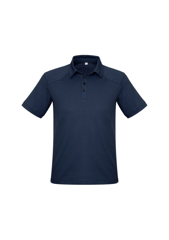 Men's navy polo shirt in size S, featuring breathable fabric, UPF protection, and a functional loose pocket from Biz Collection.