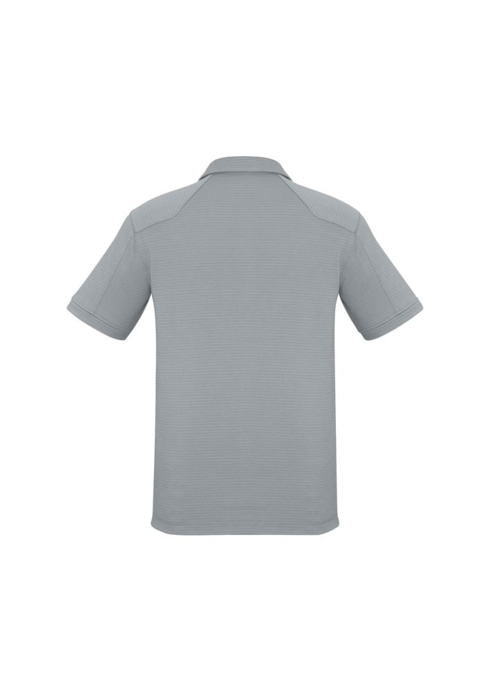 Men's silver polo shirt in size S, featuring BIZ COOL™ fabric, UPF protection, and stylish design elements.