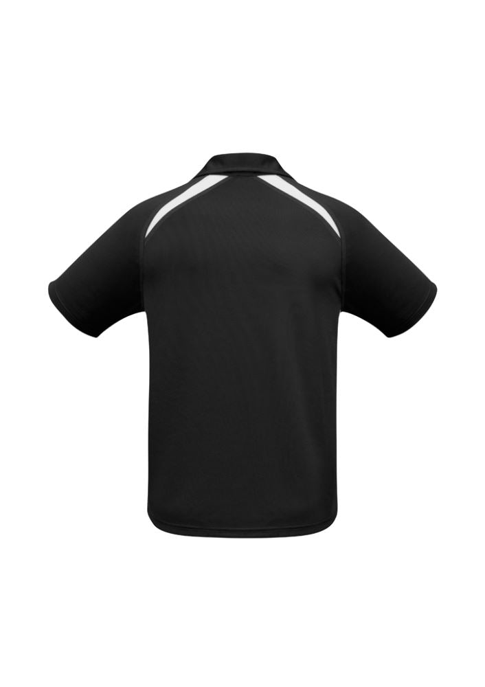 Kids Splice Polo in black/white, size 10; breathable mesh fabric with short sleeves, stylish contrast panel, and UPF sun protection.