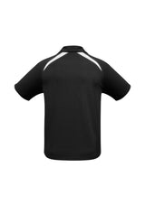 Kids Splice Polo in black/white, size 10; breathable mesh fabric with short sleeves, stylish contrast panel, and UPF sun protection.