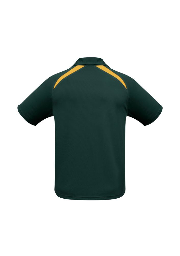 Kids Splice Polo in Forest Green and Gold, featuring breathable polyester, short sleeves, and a self-fabric collar. Size 12.