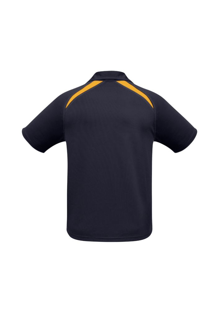 Kids Splice Polo in Navy/Gold, size 6, features breathable fabric, short sleeves, and a stylish self-fabric collar.