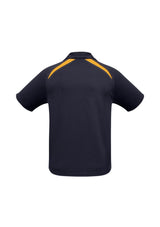 Kids Splice Polo in Navy/Gold, size 6, features breathable fabric, short sleeves, and a stylish self-fabric collar.