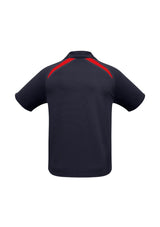 Men's navy/red splice polo shirt, size L, featuring breathable fabric, UPF protection, short sleeves, and a stylish collar.