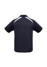 Kids Splice Polo in navy and white, short sleeves, breathable polyester, stylish, comfortable with good sun protection, size 10.