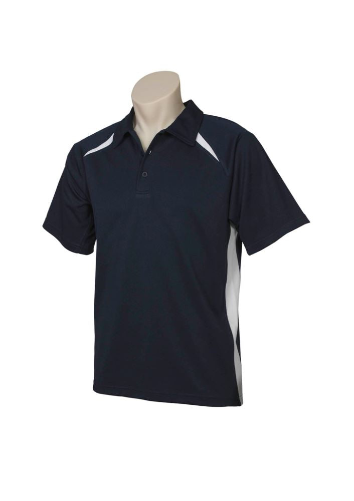 Kids Splice Polo in Navy and White for size 10, featuring breathable fabric, UPF sun protection, and stylish short sleeves.