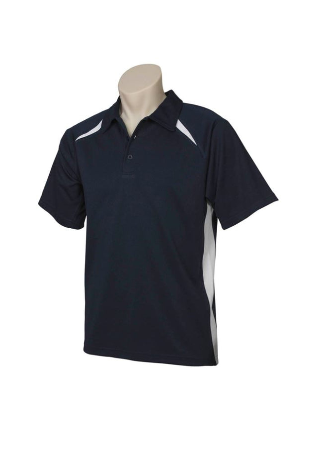 Kids Splice Polo in Navy and White for size 10, featuring breathable fabric, UPF sun protection, and stylish short sleeves.