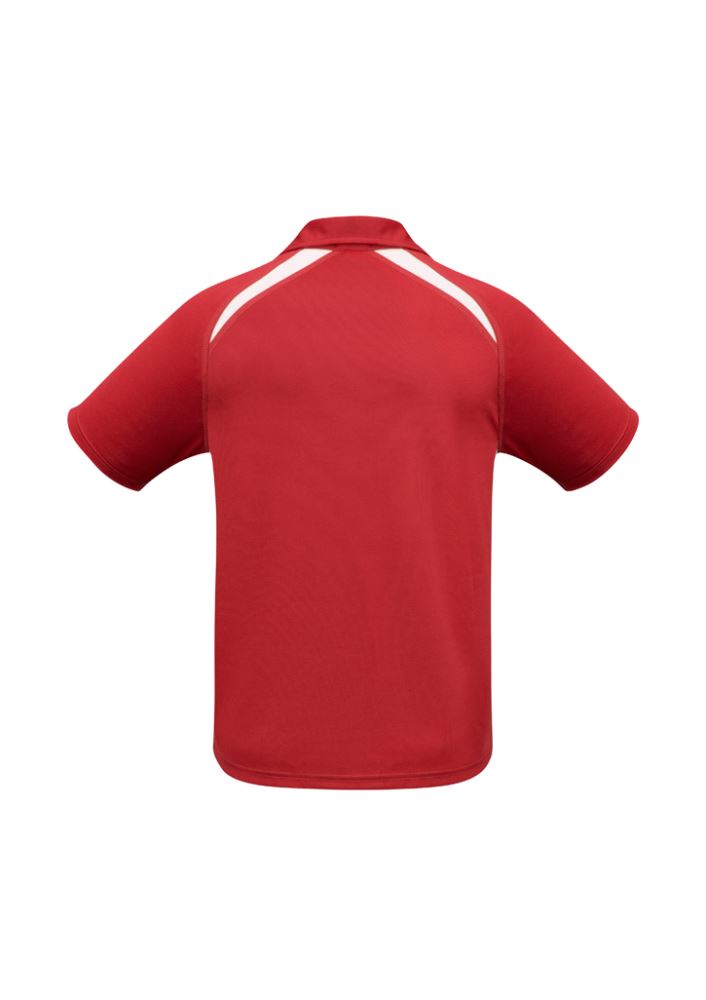 Mens Splice Polo in red and white, size 2XL, featuring breathable fabric, short sleeves, and a stylish self-fabric collar.