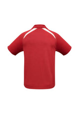 Mens Splice Polo in red and white, size 2XL, featuring breathable fabric, short sleeves, and a stylish self-fabric collar.